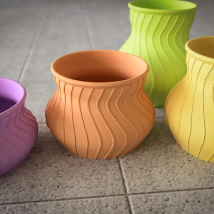 Classic Curved Flower Pot with Wavy Decorative Lines in four Heights
