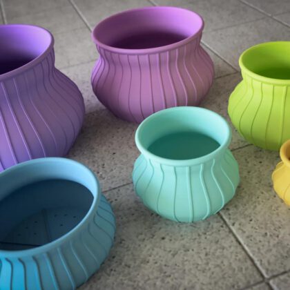 Classic Curved Flower Pot with Thin Vertical Decorations